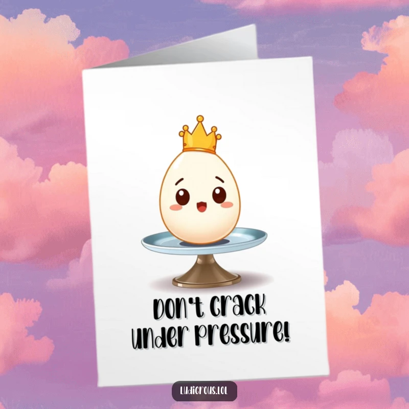 Funny Free Printable Birthday Card: A surprised egg in a tiny crown wobbles precariously on a spinning plate, celebrating a wild birthday.