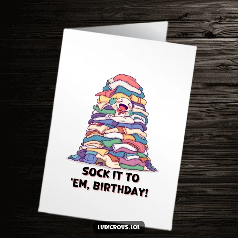 Funny Free Printable Birthday Card: A determined sock puppet attempts to climb a monumental pile of laundry, celebrating persistence.