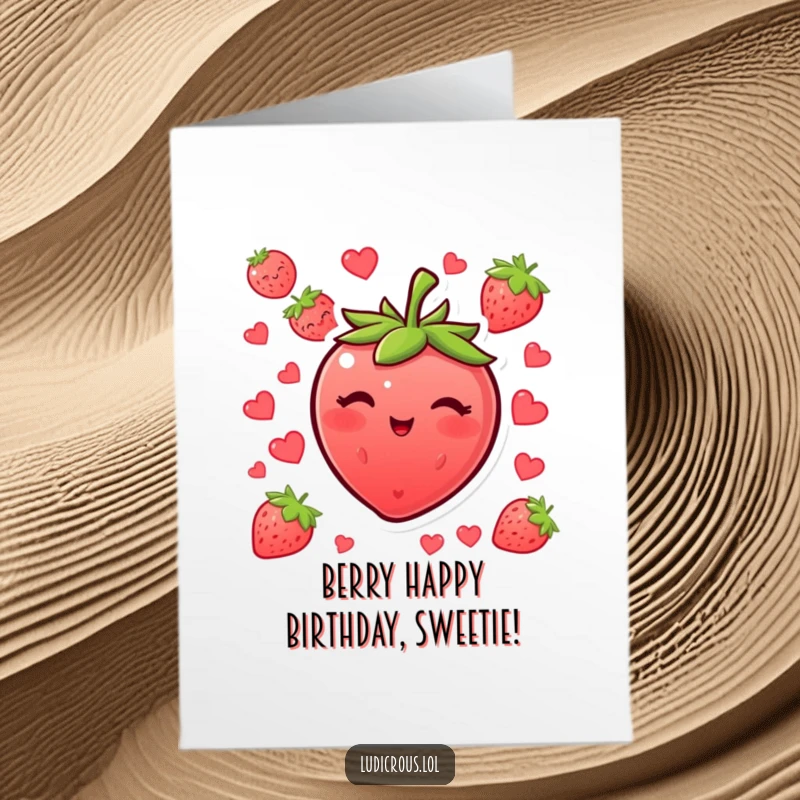 Funny Free Printable Birthday Card: A blushing strawberry winks cheekily, seeds scattered, for a sweet and humorous greeting.