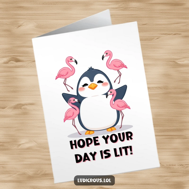 Funny Free Printable Birthday Card: Silly penguin looks confused while attempting to juggle three pink flamingos.