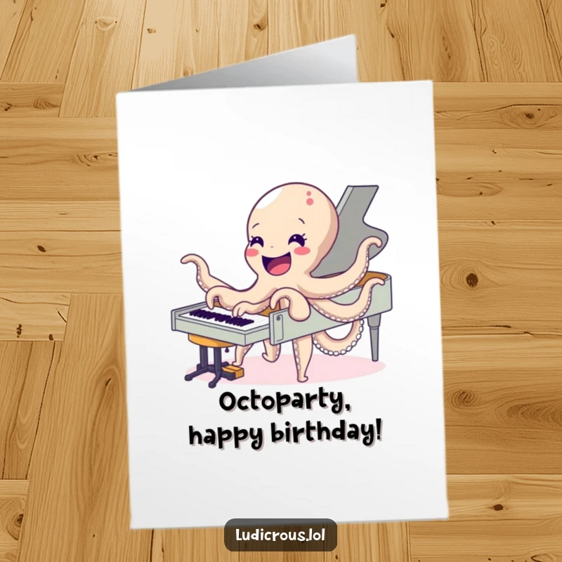 Funny Free Printable Birthday Card: Delighted octopus playing a piano with all eight arms, creating a musical masterpiece.