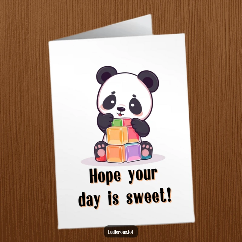 Funny Free Printable Birthday Card: A playful panda stacks wobbly Jell-O cubes, creating a sweet tower.