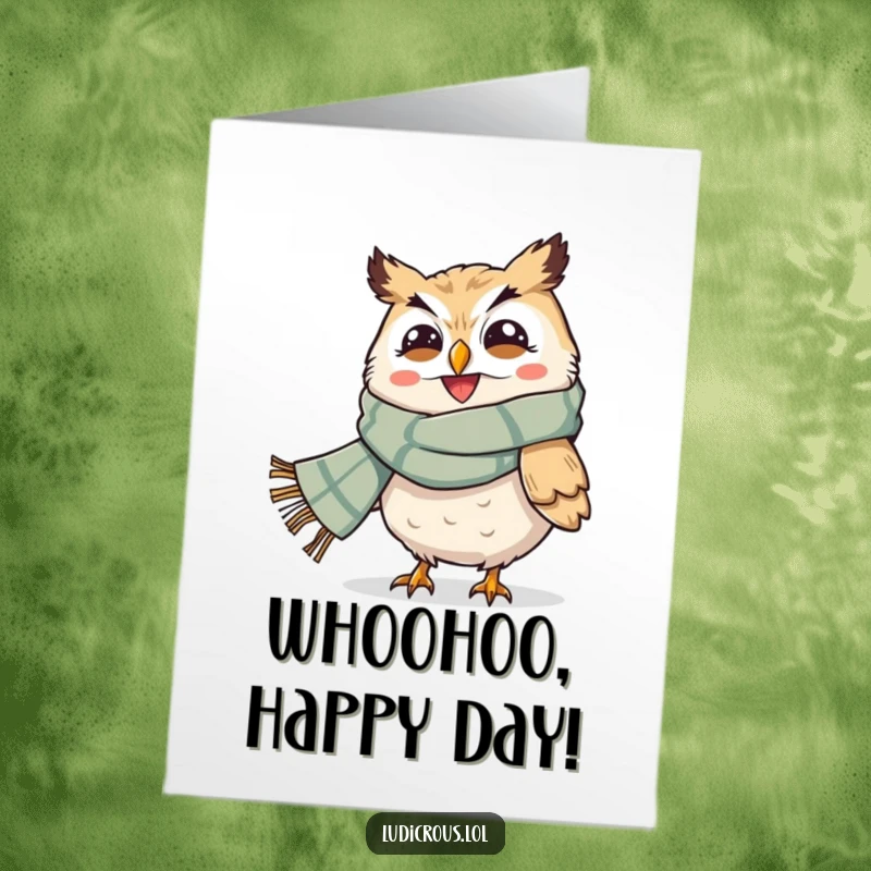 Funny Free Printable Birthday Card: Grinning owl in a giant scarf is blown away by the wind, celebrating.