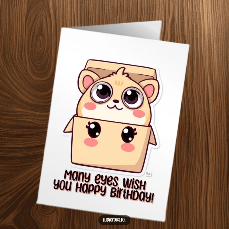 Funny Free Printable birthday card showing a playful creature with many eyes peeking out of a small box.