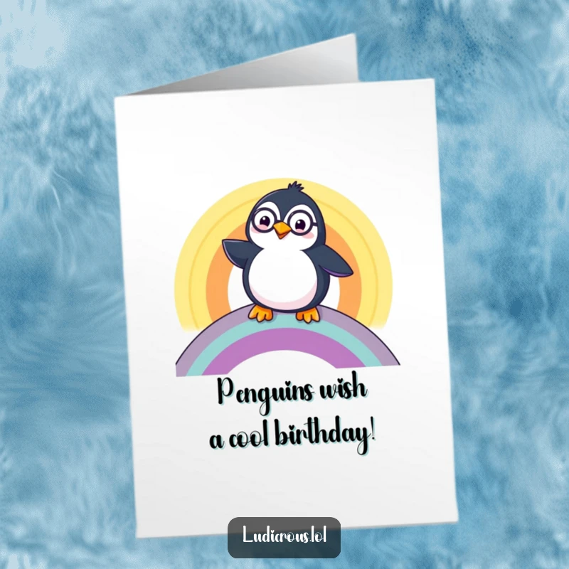 Funny Free Printable Birthday Card: A happy penguin sports a monocle while gracefully sliding down a vibrant rainbow.