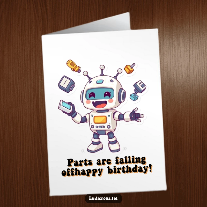 Funny Free Printable robot juggling spare arms and legs with a cheerful expression, perfect birthday card.