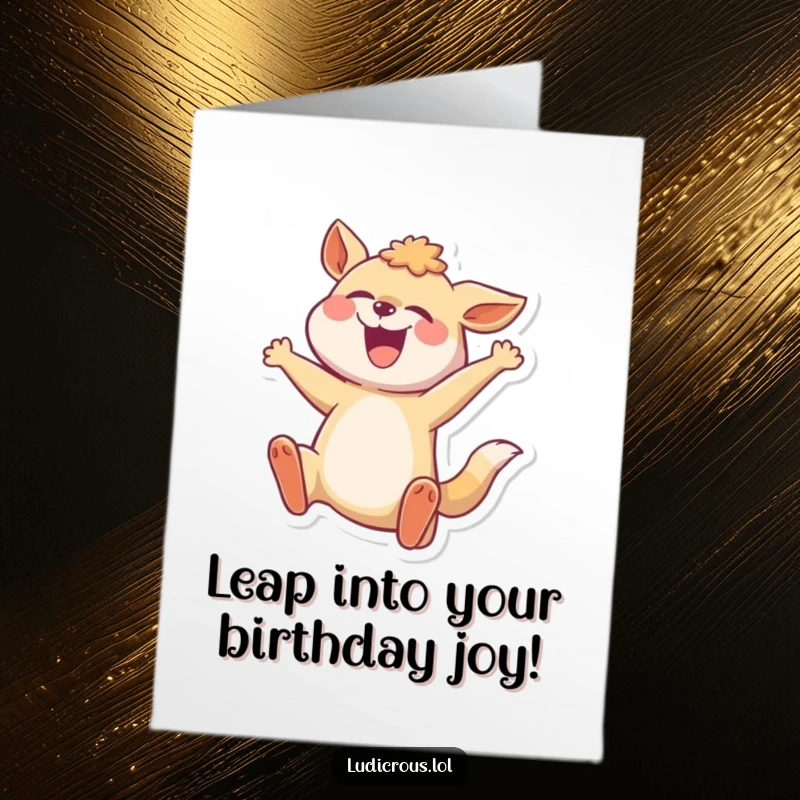 Funny Free Printable Birthday Card: A joyful animal strikes a comically exaggerated, gravity-defying mid-leap pose, ready to celebrate.
