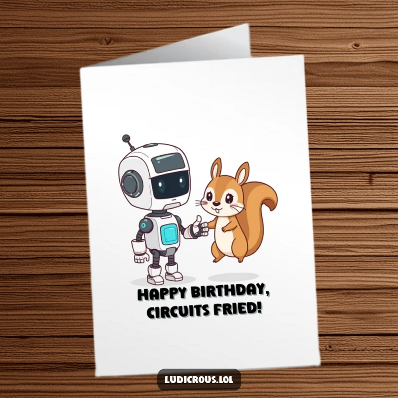 Funny Free Printable Birthday Card: Confused robot attempting to high-five a mischievous squirrel, comic confusion.