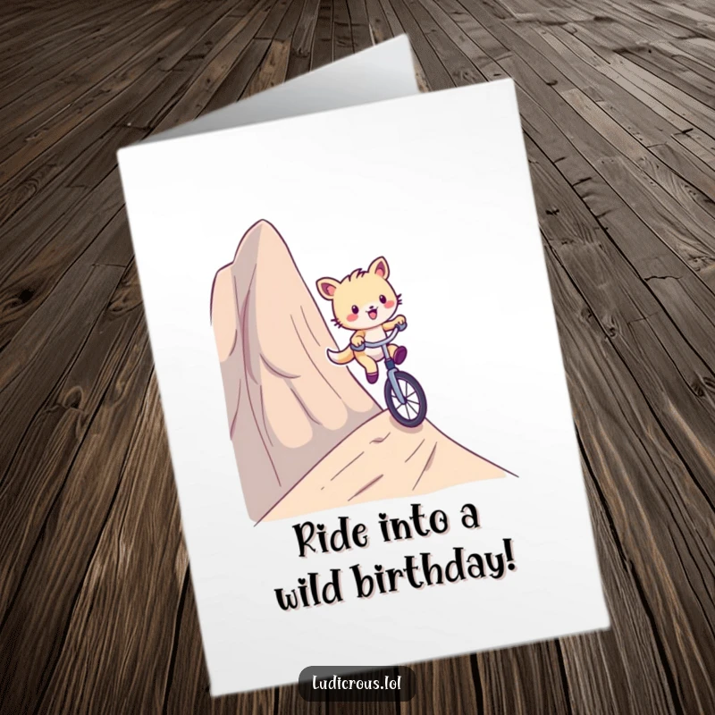 Funny Free Printable Birthday Card: A playful critter comically rides a unicycle down an extremely steep hill, ready to download.