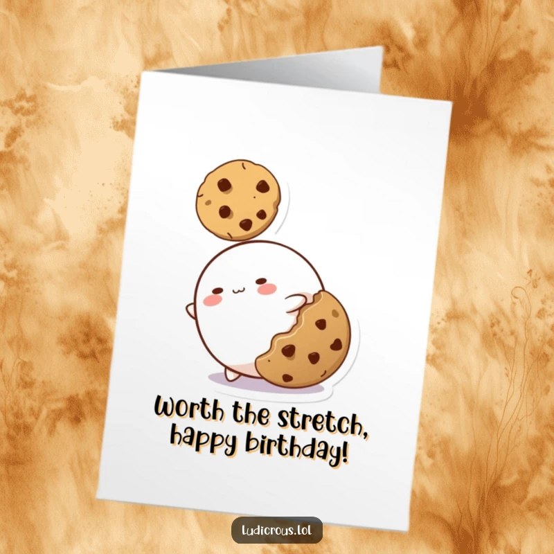 Funny Free Printable Birthday Card: A stretchy blob desperately reaching for a cookie, pure comedic effort