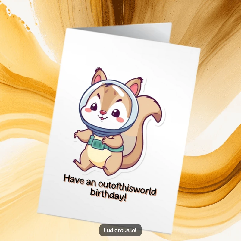 Funny Free Printable Birthday Card: Playful squirrel in a tiny astronaut helmet floats in space, sending cosmic birthday wishes.