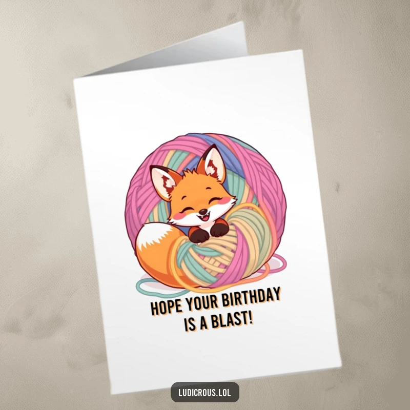 Funny Free Printable Birthday Card: A giggling fox happily tangled in a huge ball of colorful yarn.