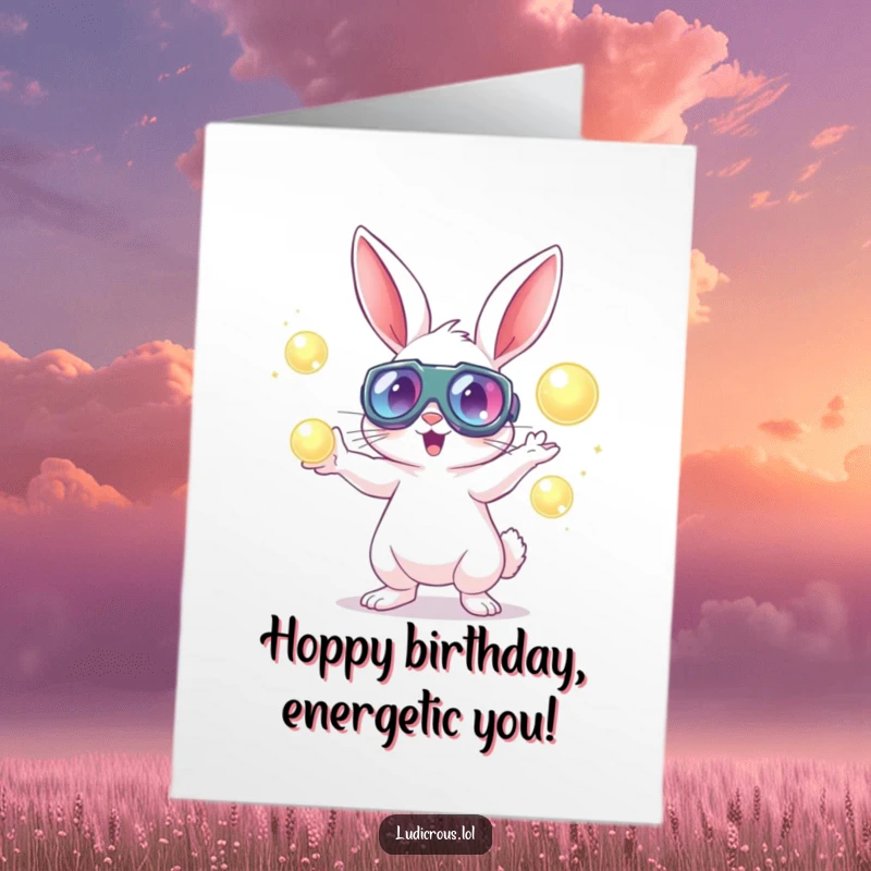 Funny free printable birthday card: A rabbit wearing oversized goggles juggles several brightly glowing orbs with great energy.