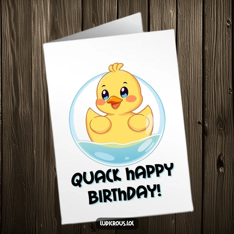 Funny Free Printable Birthday Card: A happy rubber ducky floats on a giant bubble, eyes wide with glee, celebrating a birthday.