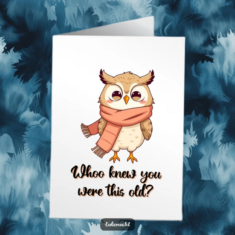 Funny Free Printable Birthday Card: Grinning owl in a huge scarf, comically blown by the wind, perfect for a DIY gift.