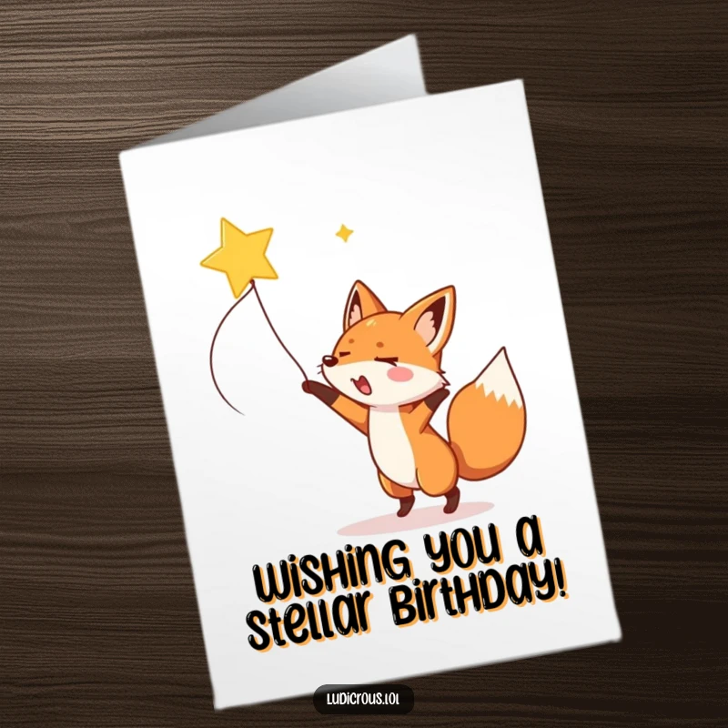 Funny free printable birthday card: A gleeful fox enthusiastically lassoes a bright shooting star across the night sky.