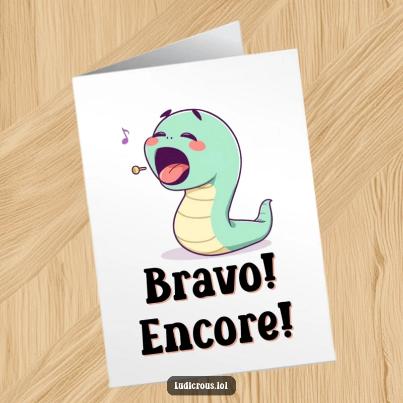 Funny Free Printable Congratulations Card: A bouncing worm sings opera with an exaggerated mouth, celebrating your triumph.