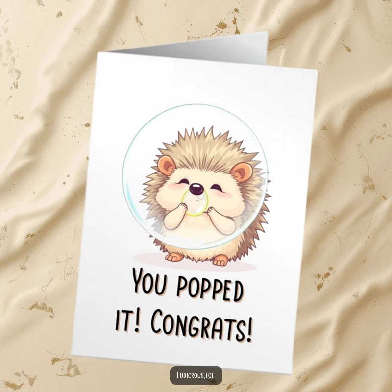 Funny free printable congratulations card showing a determined hedgehog attempting to blow an impossibly large bubble.