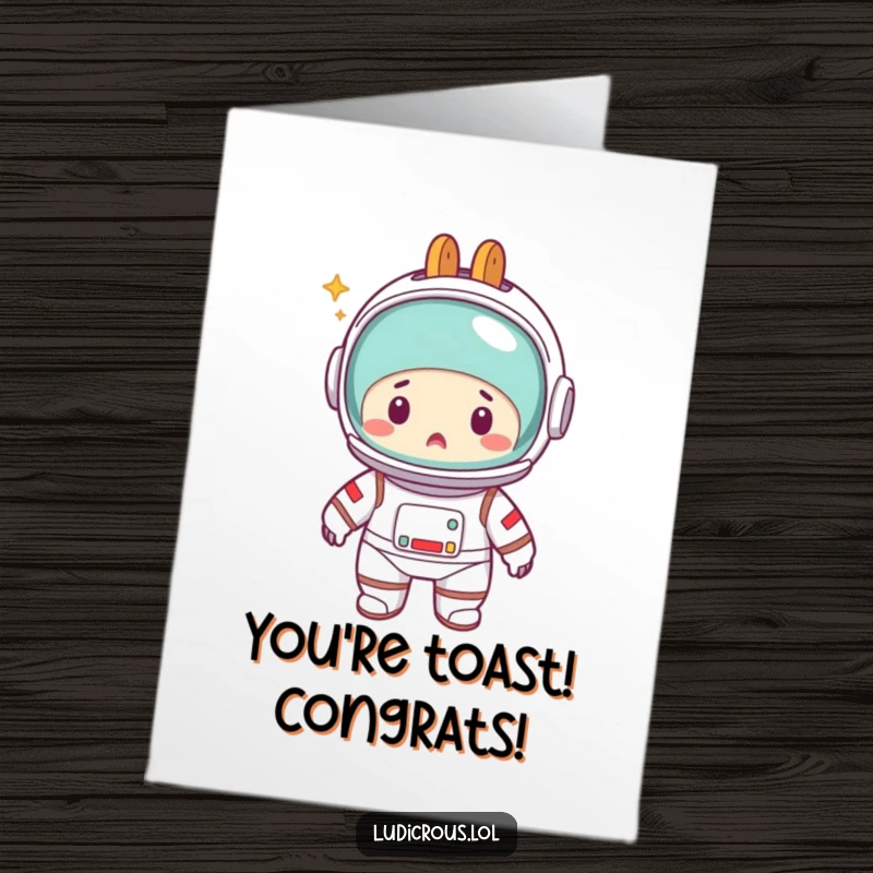 Free Printable congratulations card with a surprised astronaut wearing a toaster on its head, space theme.