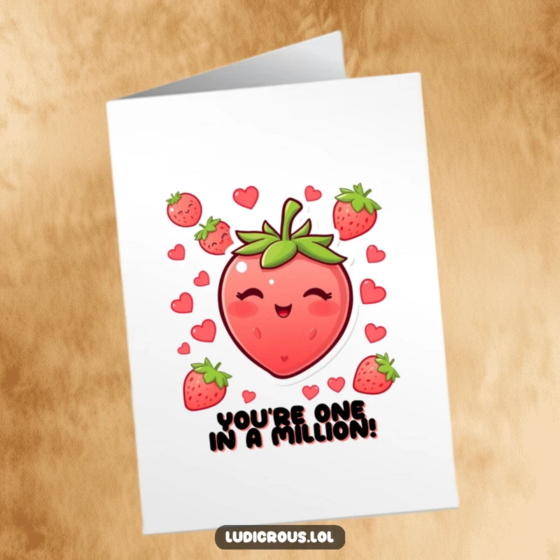 Funny Free Printable Congrats Card: A blushing strawberry winks with its seeds, sharing a delightful and cheeky congratulatory message.