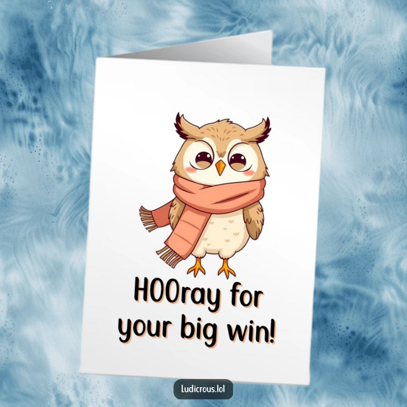 Funny Free Printable Congratulations Card: A grinning owl with a giant scarf, comically blown by wind, ideal downloadable art.