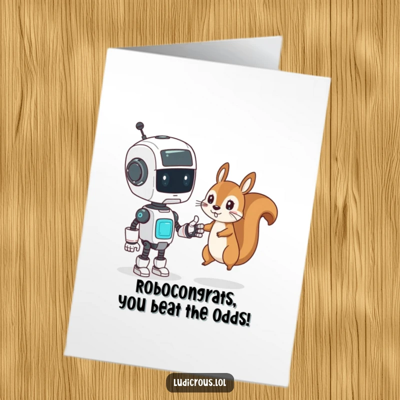 Funny Free Printable Congrats Card: Confused robot attempts to high-five a mischievous squirrel, a congratulatory fail.