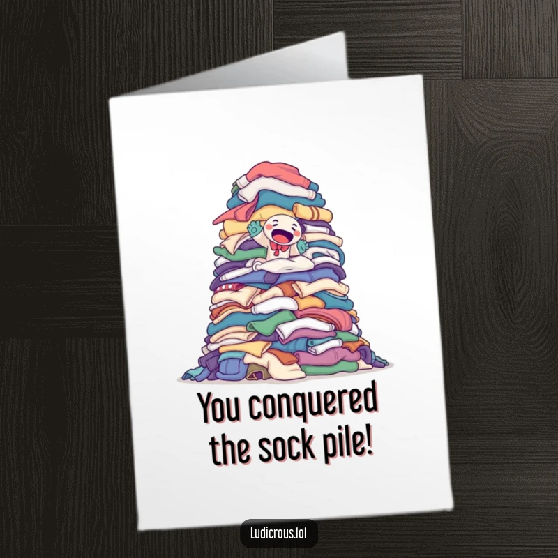 Funny Free Printable Congratulations Card: A determined sock puppet attempts to climb a monumental pile of laundry, symbolizing victory.