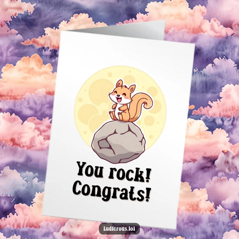 Funny Free Printable Congratulations Card: Squirrel gleefully riding a moon rock, celebrating a grand accomplishment.