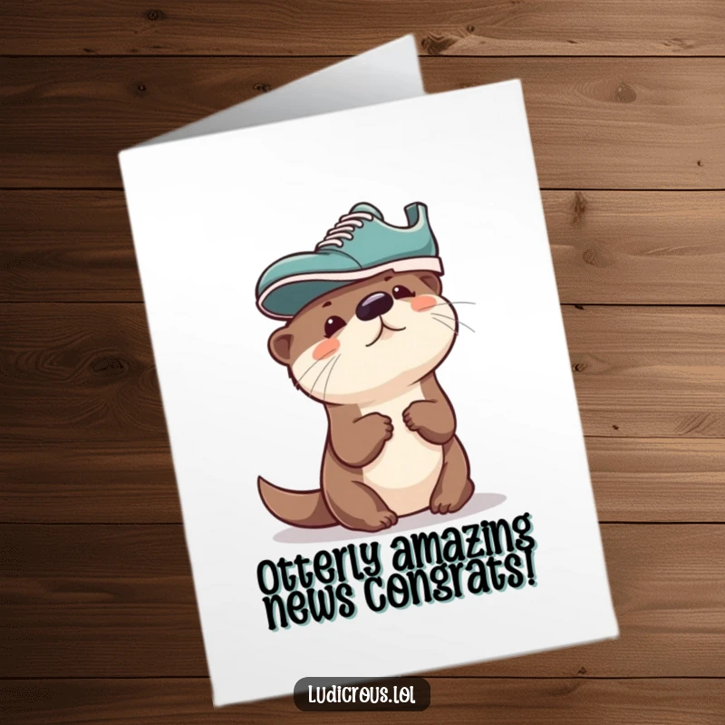 Funny Free Printable Congratulations Card: An otter comically attempts to wear a shoe like a hat for a unique greeting.
