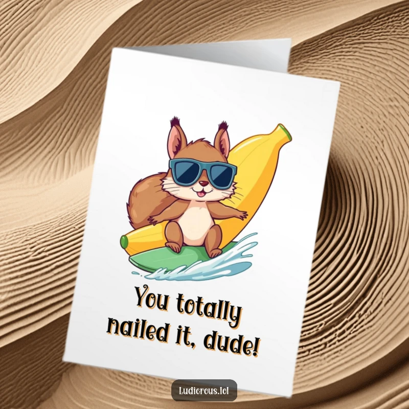Funny Free Printable Congrats Card: Cool squirrel in sunglasses surfs a giant banana, celebrating success.
