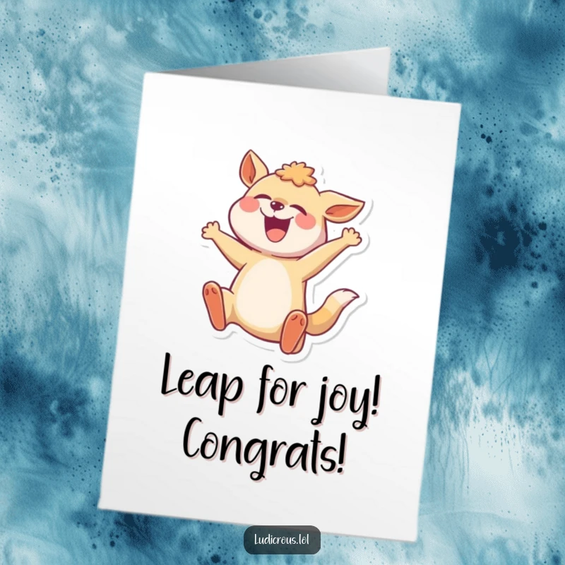 Funny Free Printable Congrats Card: A joyful animal is captured in a ridiculously exaggerated mid-leap pose, perfect for congratulations.