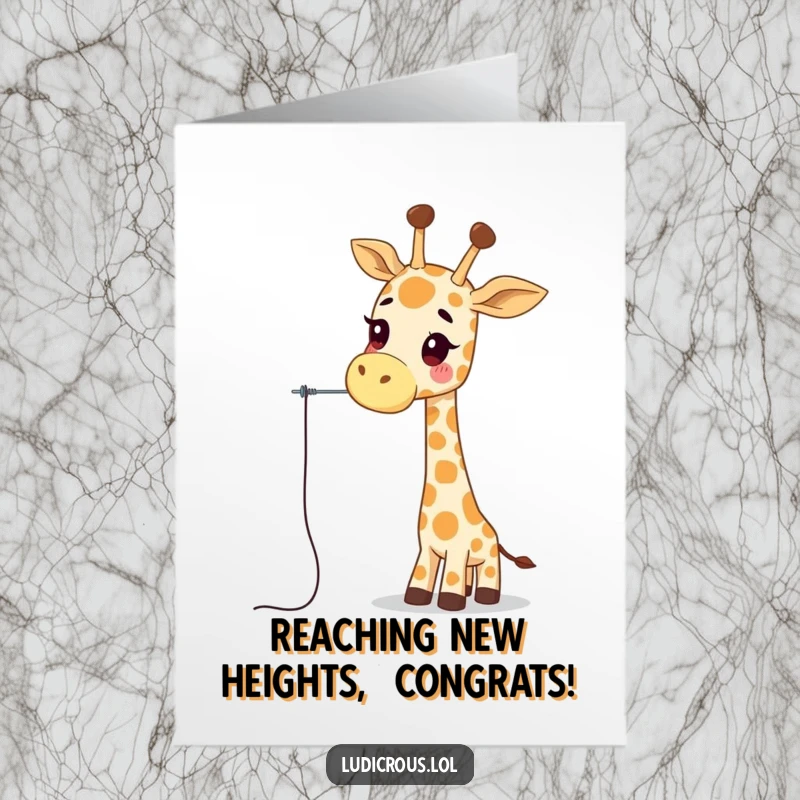 Funny free printable congratulations card featuring a giraffe attempting to thread a needle with its long neck.