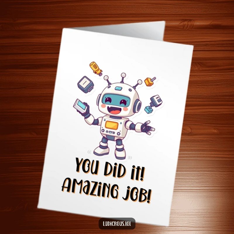 Free Printable congratulations card featuring a funny robot juggling random body parts, celebrating an achievement.