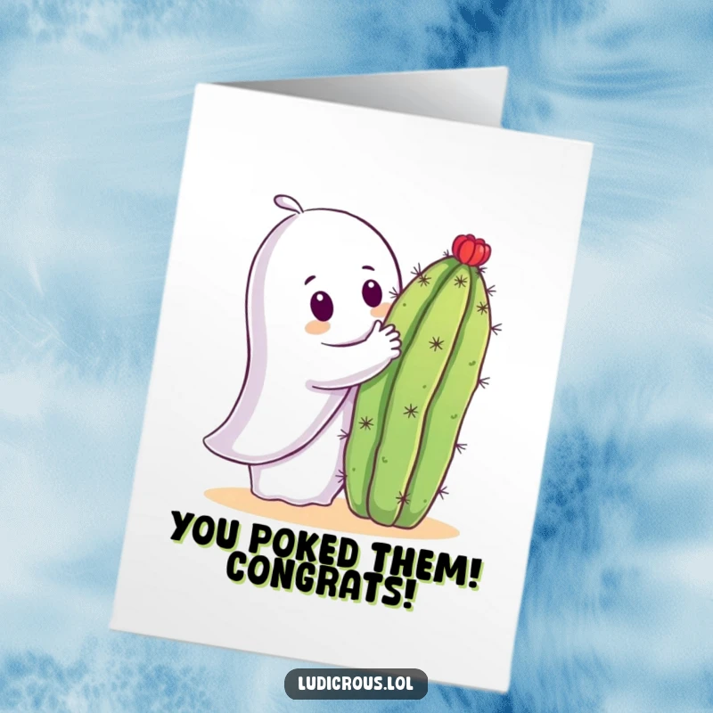 Funny Free Printable Congrats Card: A ghost reaches for a prickly cactus in an awkward hug attempt. Great for overcoming challenges.