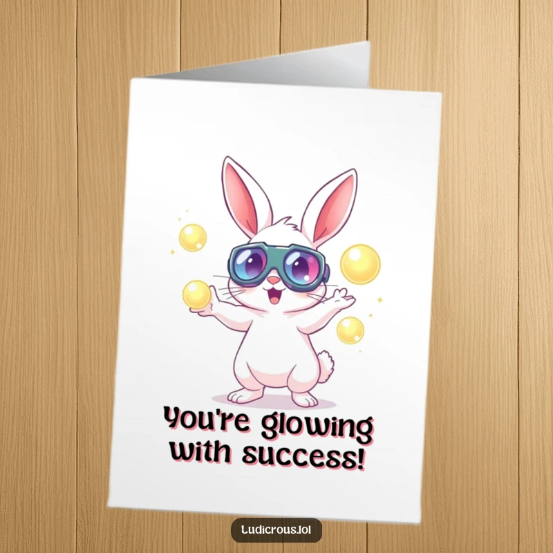 Funny free printable congratulations card: A rabbit in large goggles energetically juggles glowing orbs, a display of skill.