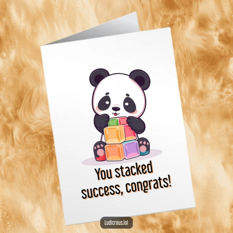 Funny Free Printable Congrats Card: A determined panda tries to build a tower using unstable Jell-O cubes.