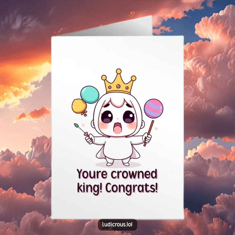 Funny Free Printable Congrats Card: A surprised character wearing a tiny crown juggles massive, unstable objects, ideal for congratulations.