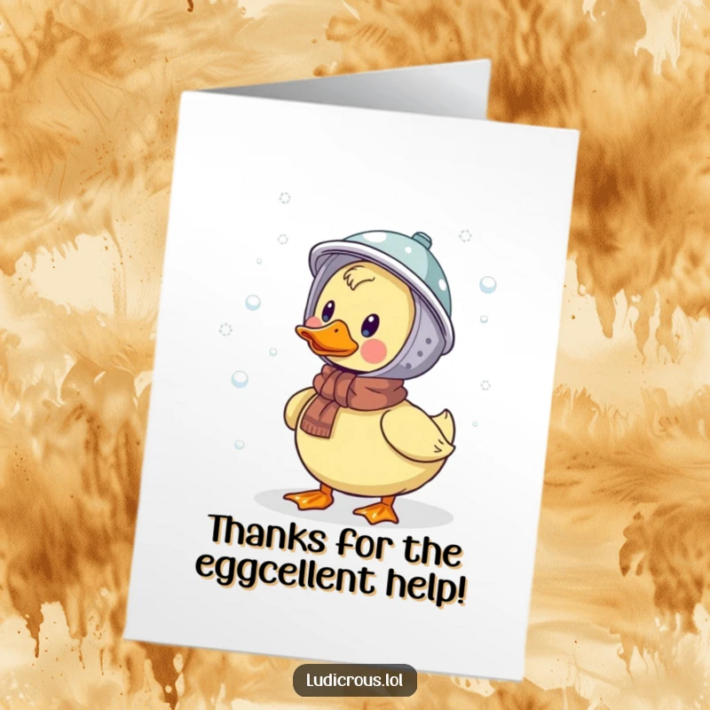 Funny Free Printable Thank You Card: A grateful duck in a colander helmet thanks you for a blizzard of kindness.