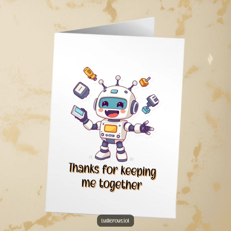 Funny Free Printable thank you card with a cheerful robot juggling assorted body parts, expressing gratitude.