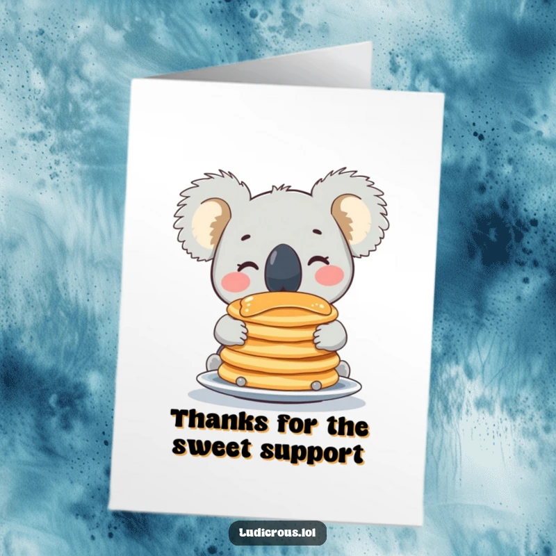 Cute free printable thank you card featuring a koala balancing a massive stack of pancakes on its nose.