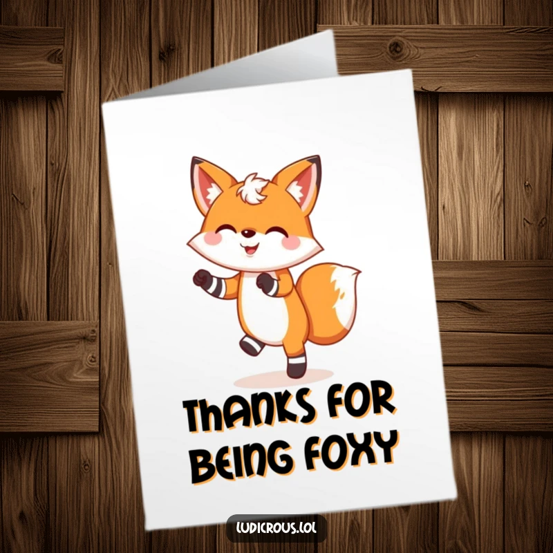 Funny Free Printable Thank You Card: A cheerful fox dances with abandon, wearing one sock red and the other blue.