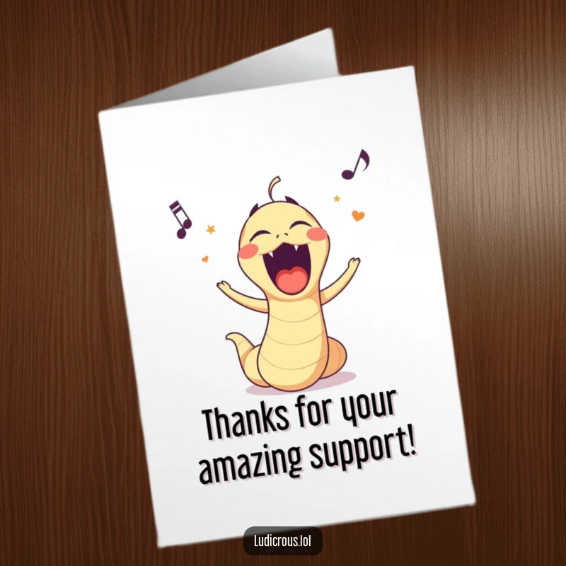 Funny Free Printable Thank You Card: A singing worm with a huge mouth conveys thanks. A quirky way to show appreciation.