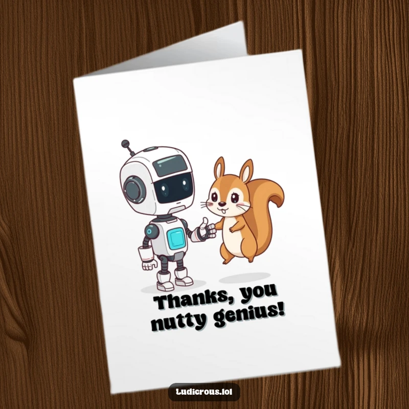 Funny Free Printable Thank You Card: Confused robot attempts to high-five a mischievous squirrel, awkward appreciation.