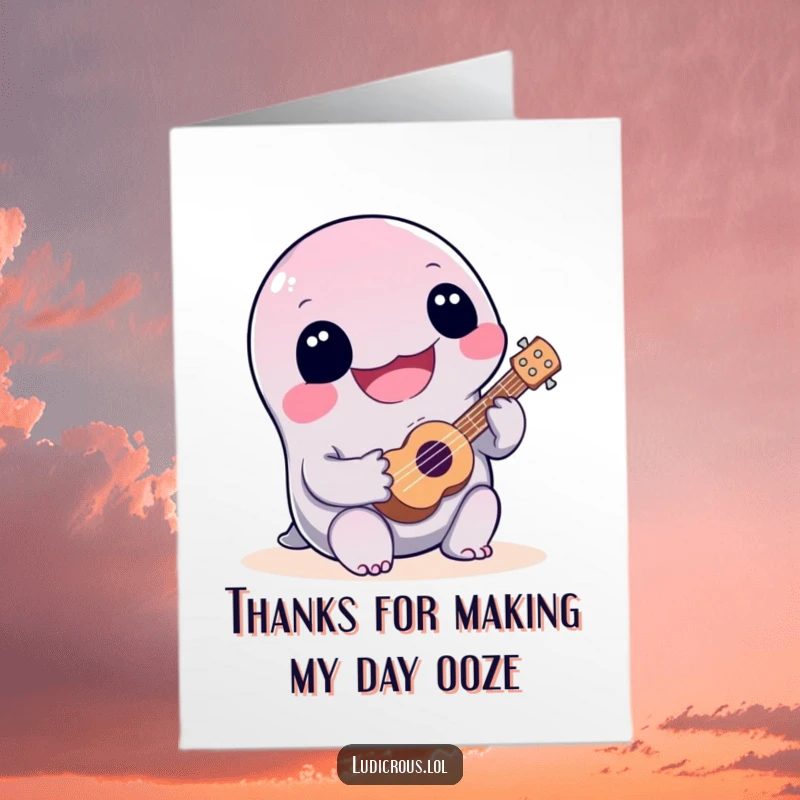 Funny Free Printable Thank You Card: A slime creature happily strums a tiny ukulele, off-key. Downloadable gift.