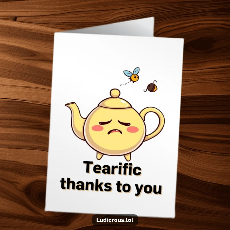 Funny free printable thank you card depicting a nervous teapot aggressively whistling steam at a persistent fly.