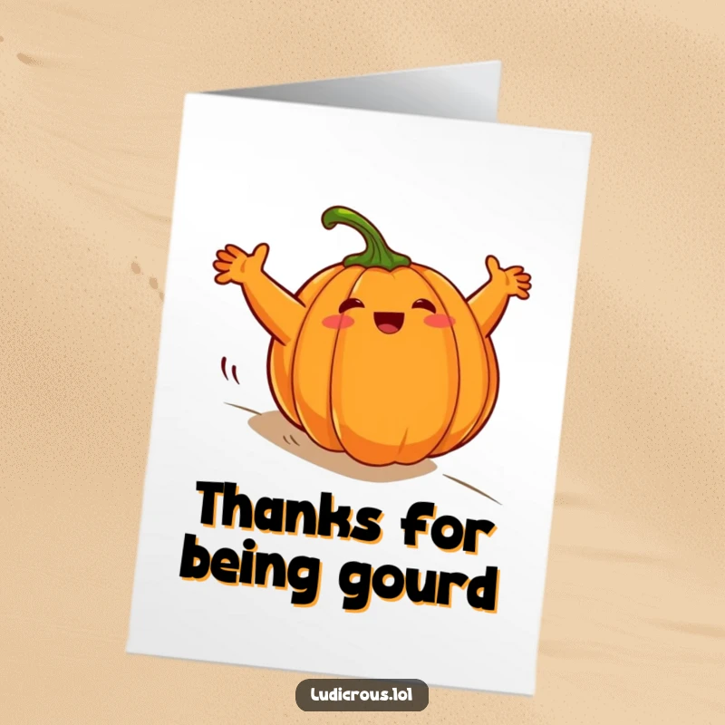 Funny free printable thank you card showing a round pumpkin character rolling downhill at high speed, arms windmilling.