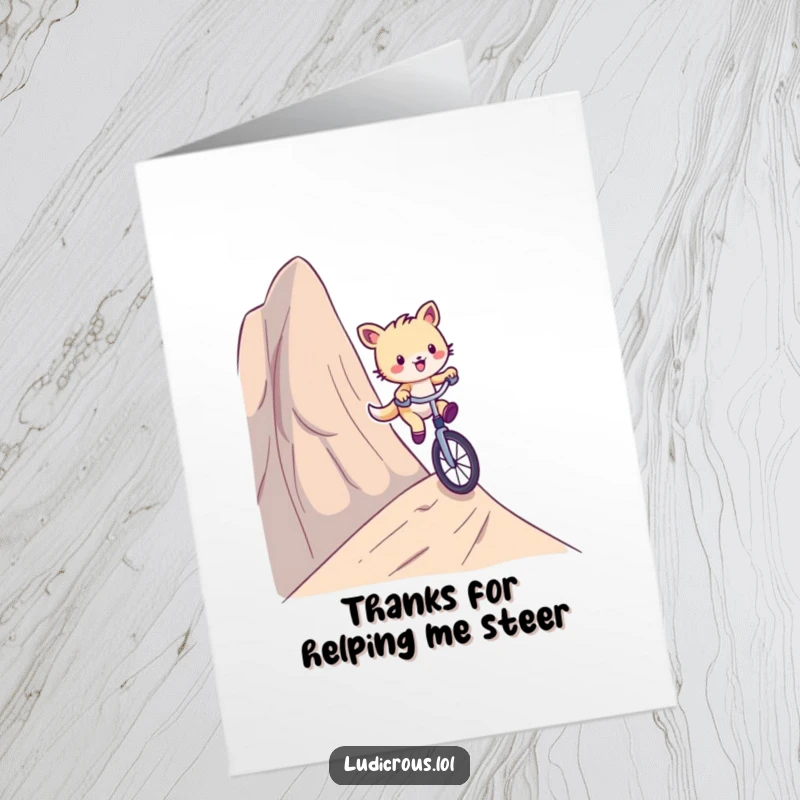 Funny Free Printable Thank You Card: A playful critter rides a unicycle down a steep slope, a unique way to give thanks.