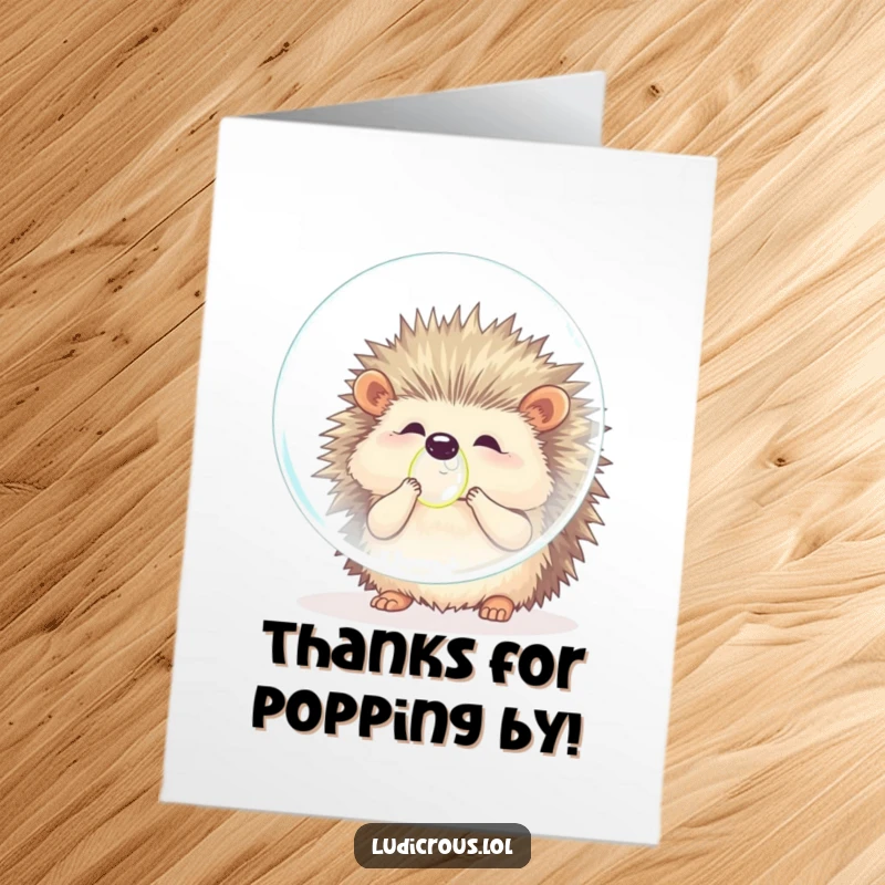 Funny free printable thank you card featuring a fluffy hedgehog blowing a huge bubble, expressing surprise.