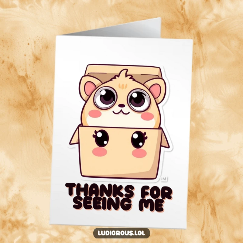 Funny Free Printable thank you card with a playful creature with too many eyes peeking from a tiny box.