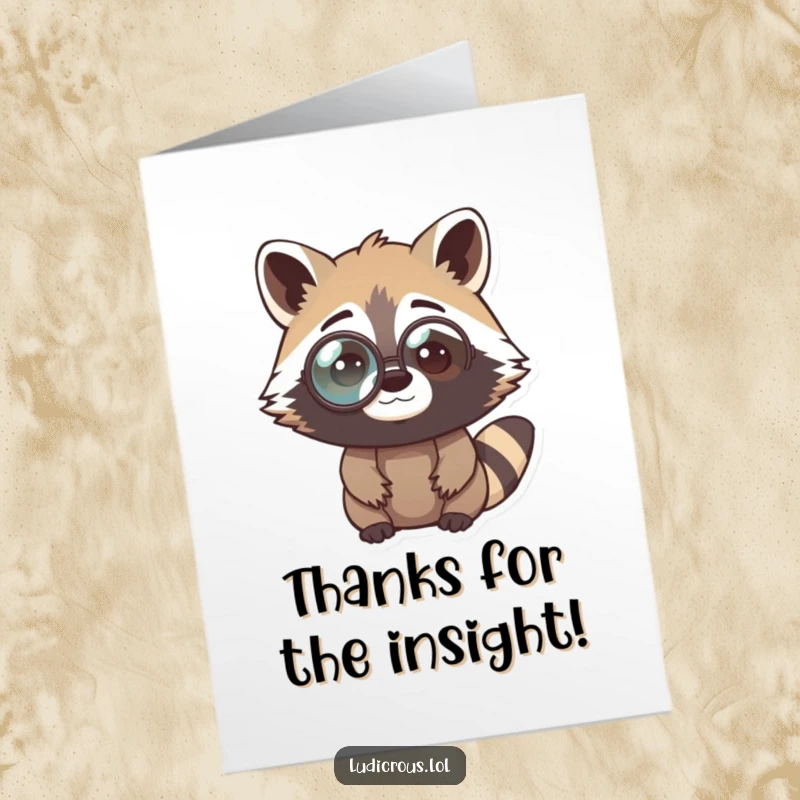 Funny free printable thank you card featuring a confused raccoon wearing a large monocle, looking askance.